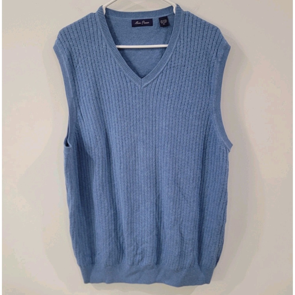 Alan Flusser Mens Sweater Vest Size XL Cotton Blue Academia V Neck‎ University